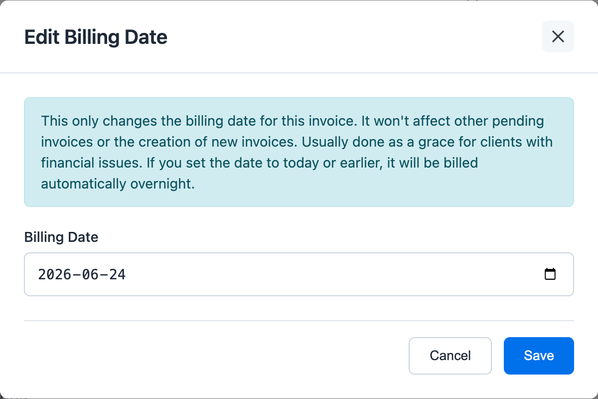 Edit Billing Date modal explaining that invoice billing date changes apply only to the selected pending invoice