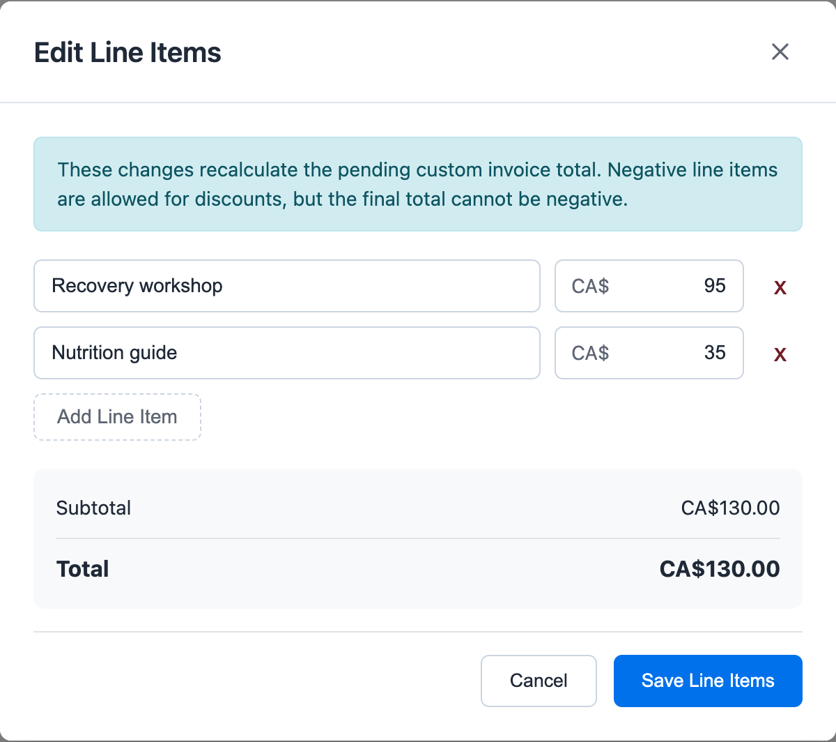 Edit Line Items modal showing pending custom invoice line items, amount fields, and recalculated invoice total