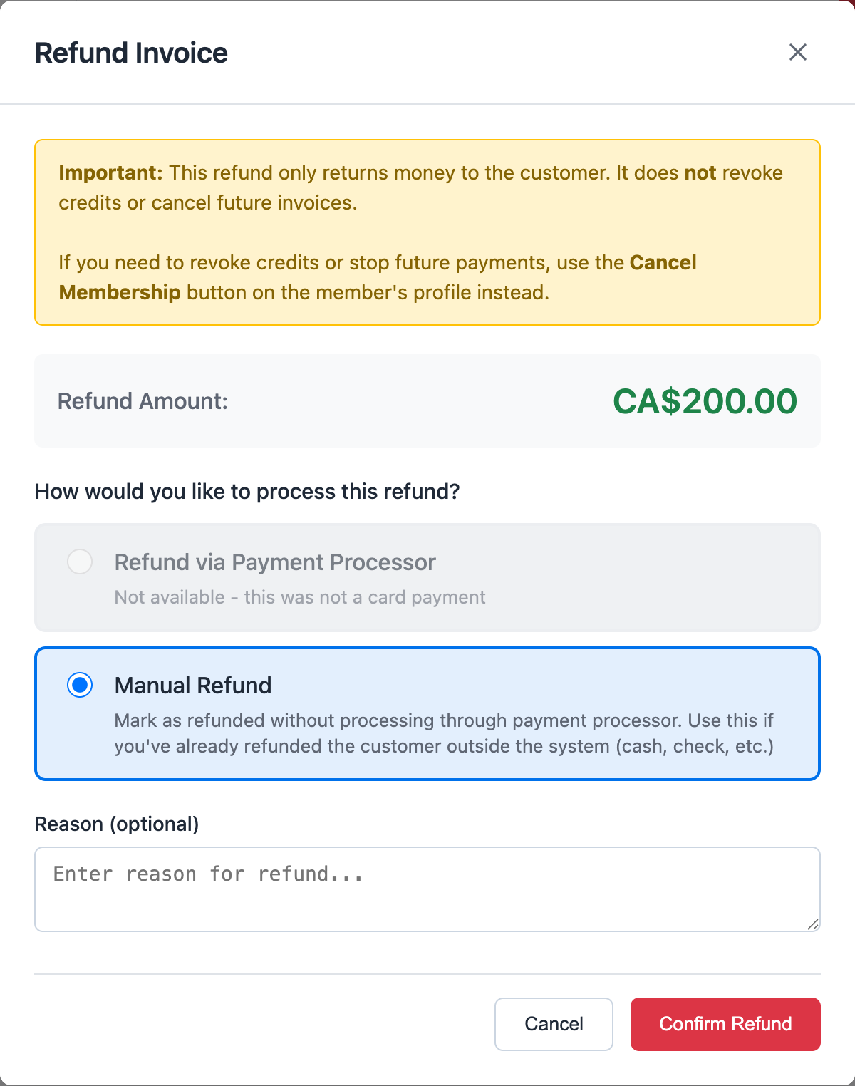 Refund Invoice modal showing refundable amount, processor refund option, manual refund option, and reason field