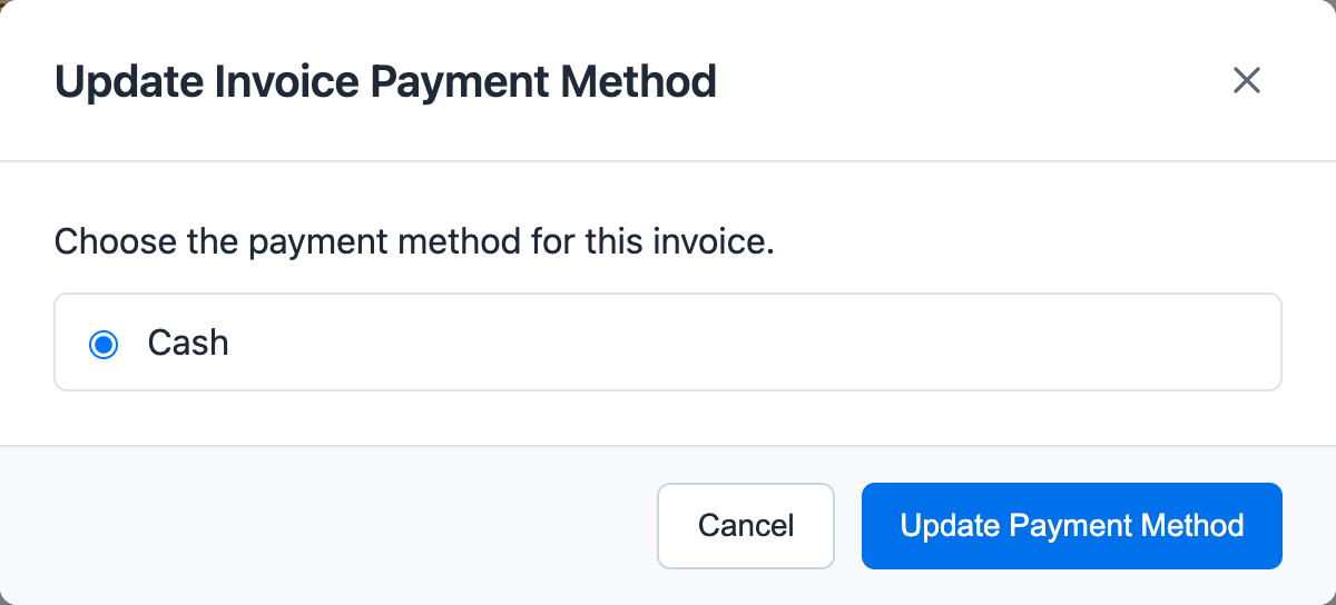 Update Invoice Payment Method modal showing cash and saved payment method choices for a pending invoice