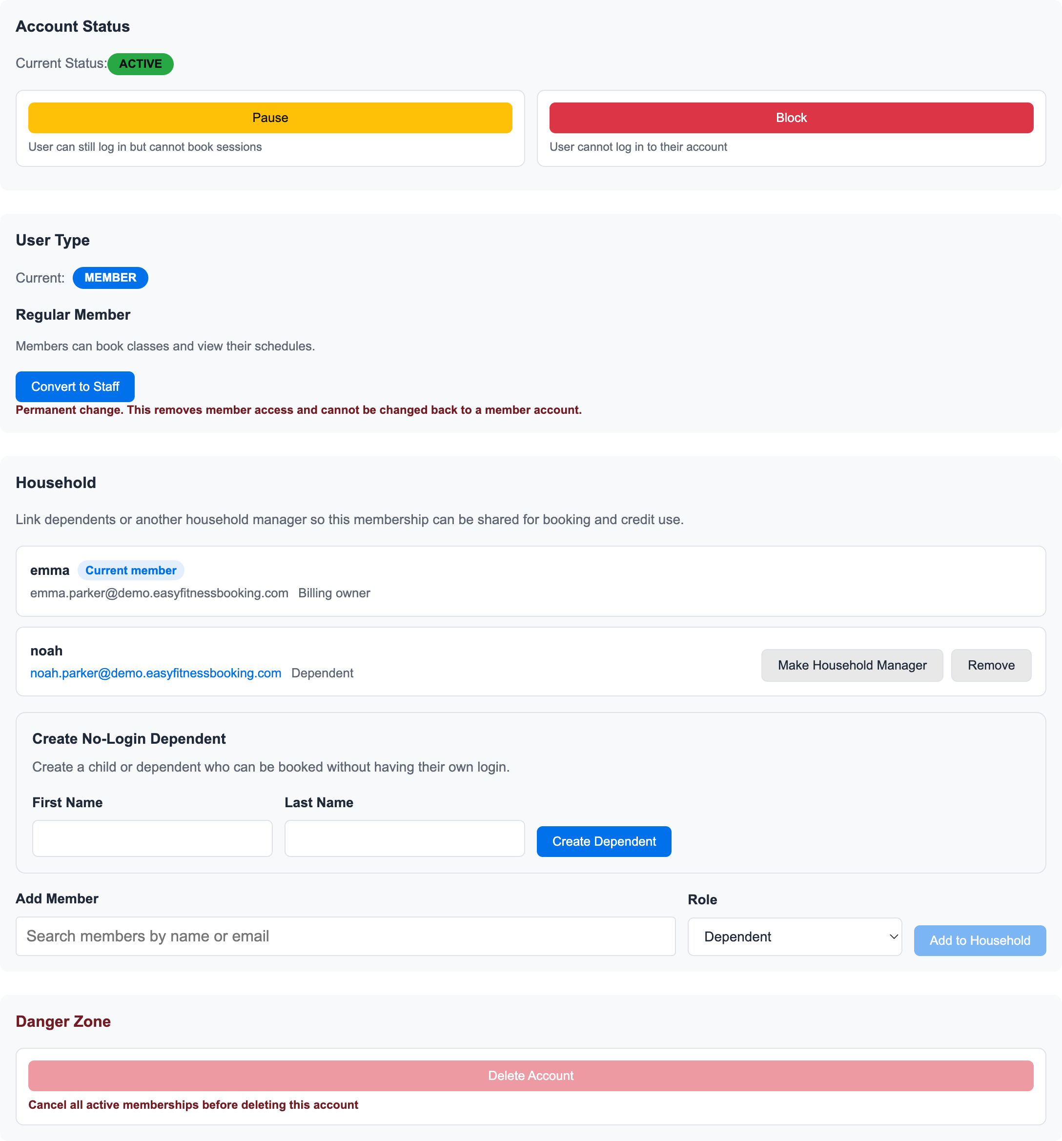 Member Admin tab showing account status controls, user type controls, household controls, and danger-zone account actions