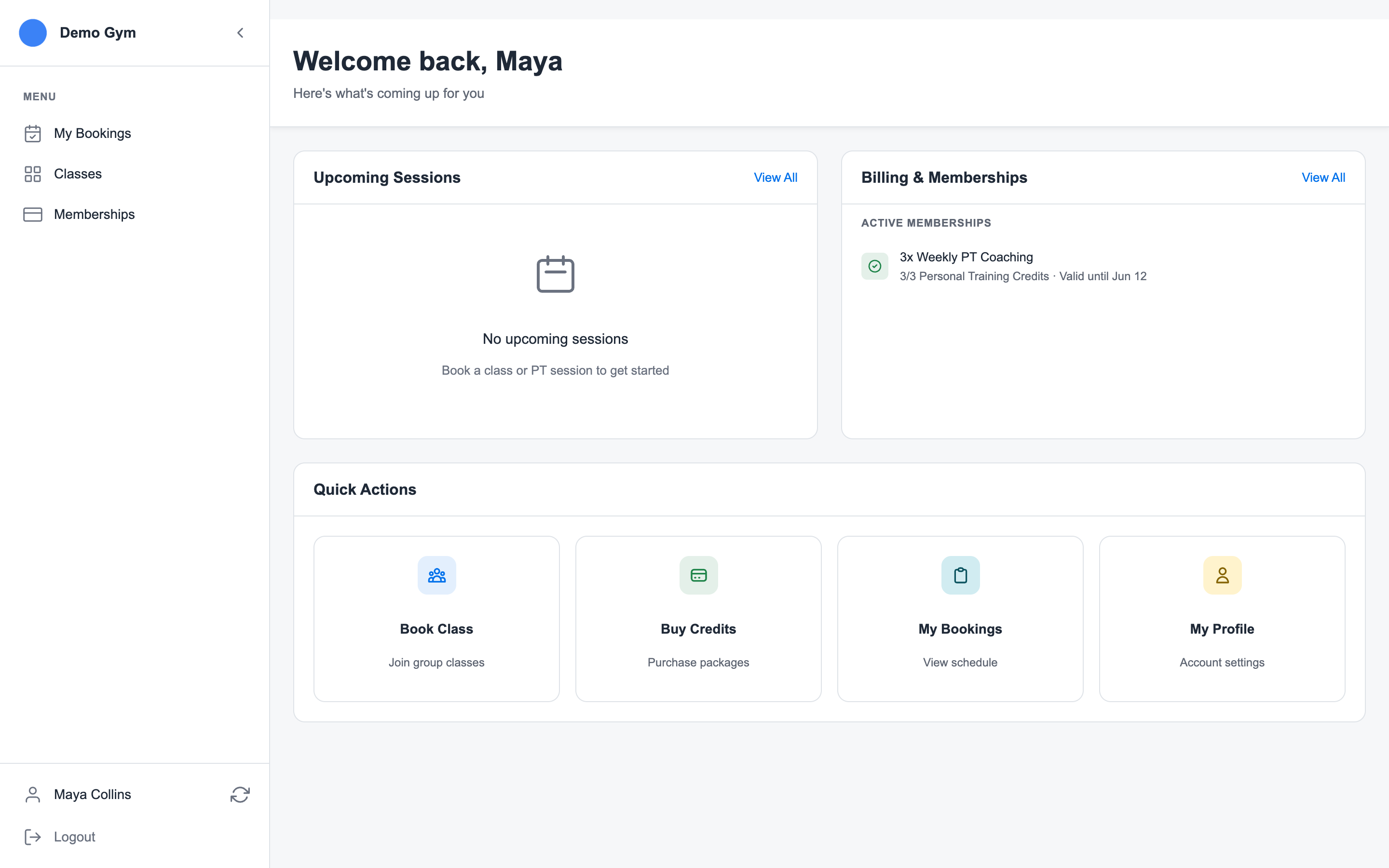 Member dashboard showing upcoming sessions, billing and memberships, and quick action links