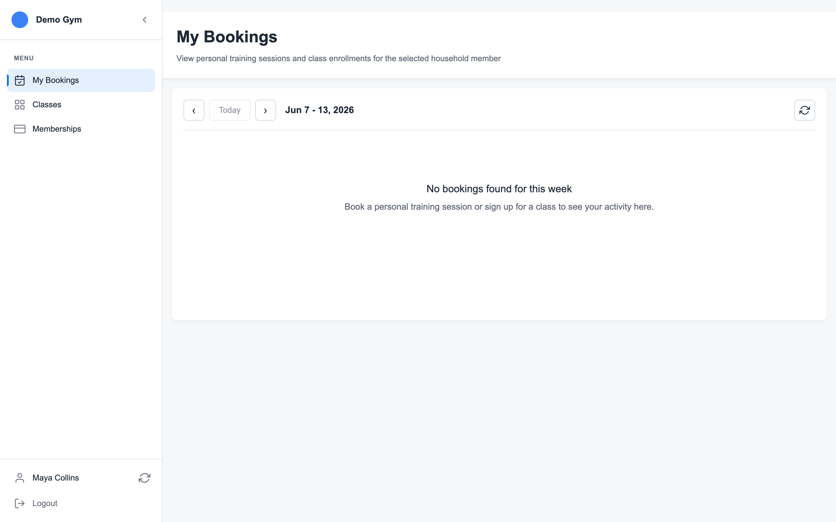 My Bookings page showing weekly booking navigation and member session history