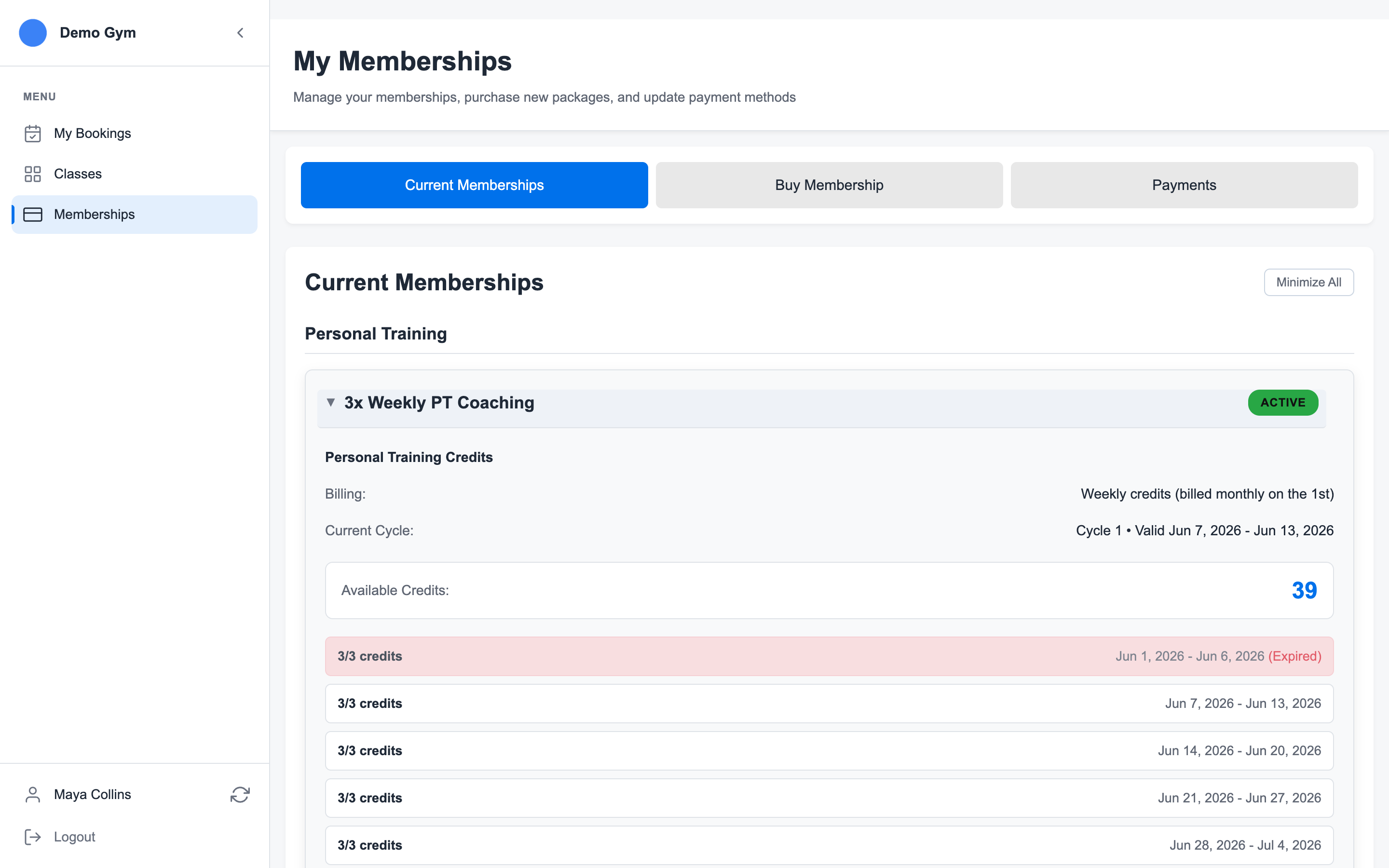 Member memberships page showing current memberships, weekly credits, billing, and membership actions