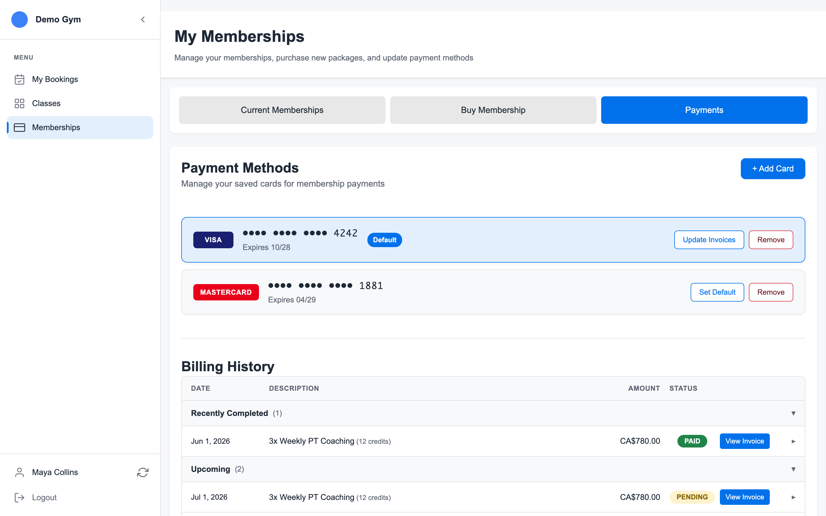 Payments tab showing saved cards, default payment controls, and billing history