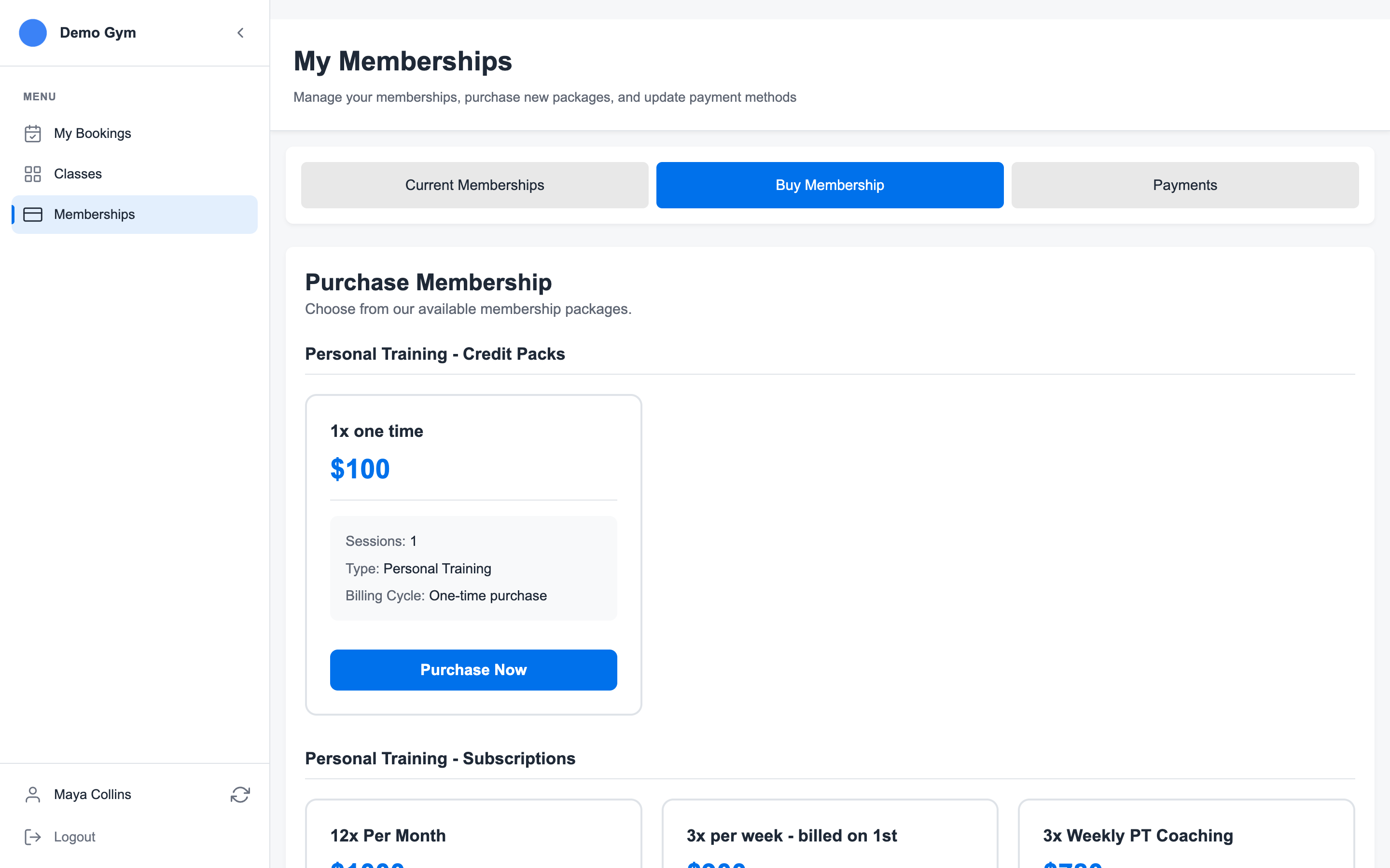 Buy Membership tab showing public membership packages available for member purchase