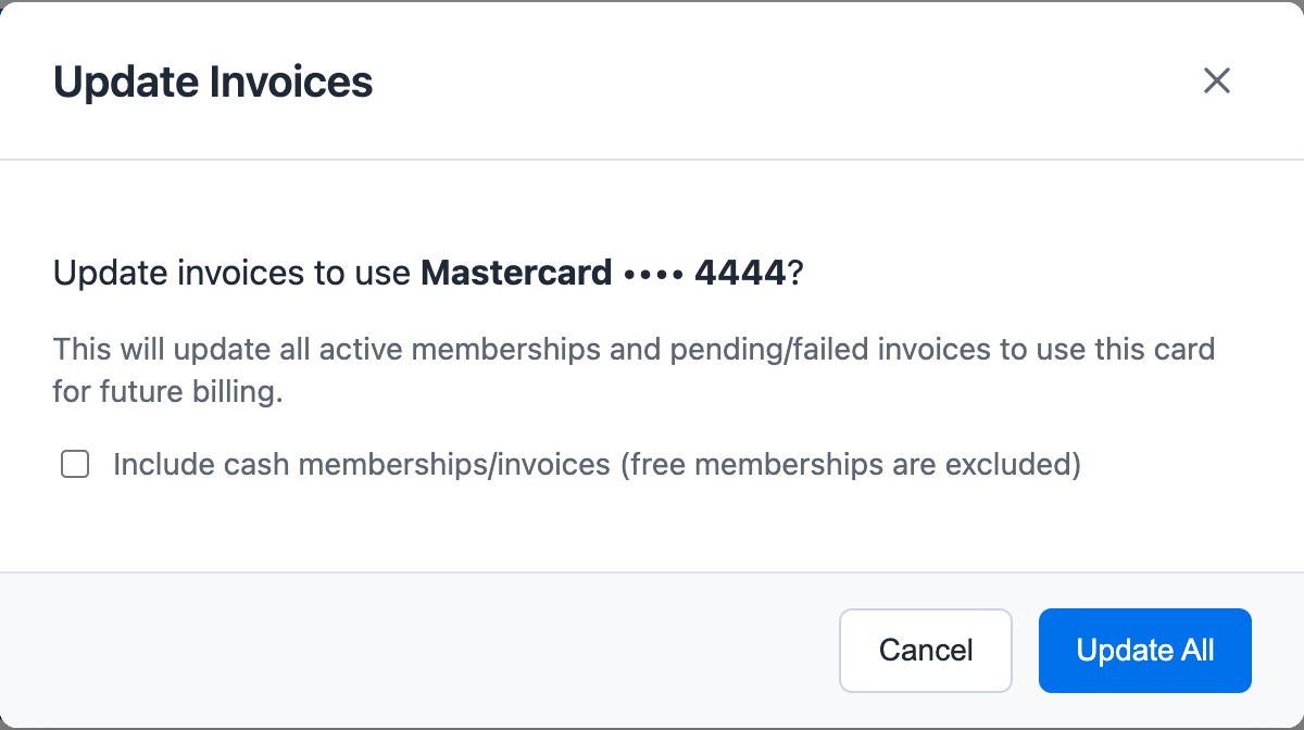 Update Invoices modal explaining that active memberships and pending or failed invoices will use the selected card
