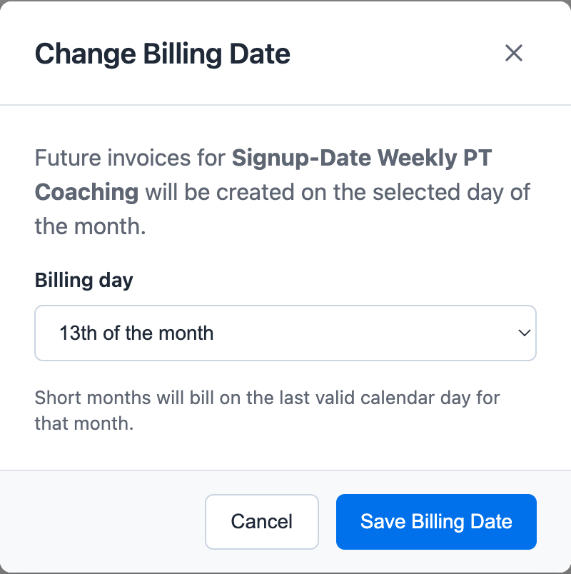 Change Billing Date modal for a membership showing a billing day selector and short month handling note