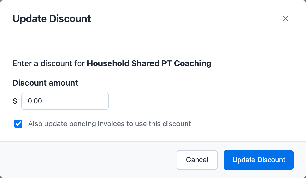 Update Discount modal for a membership with a discount amount and option to update pending invoices
