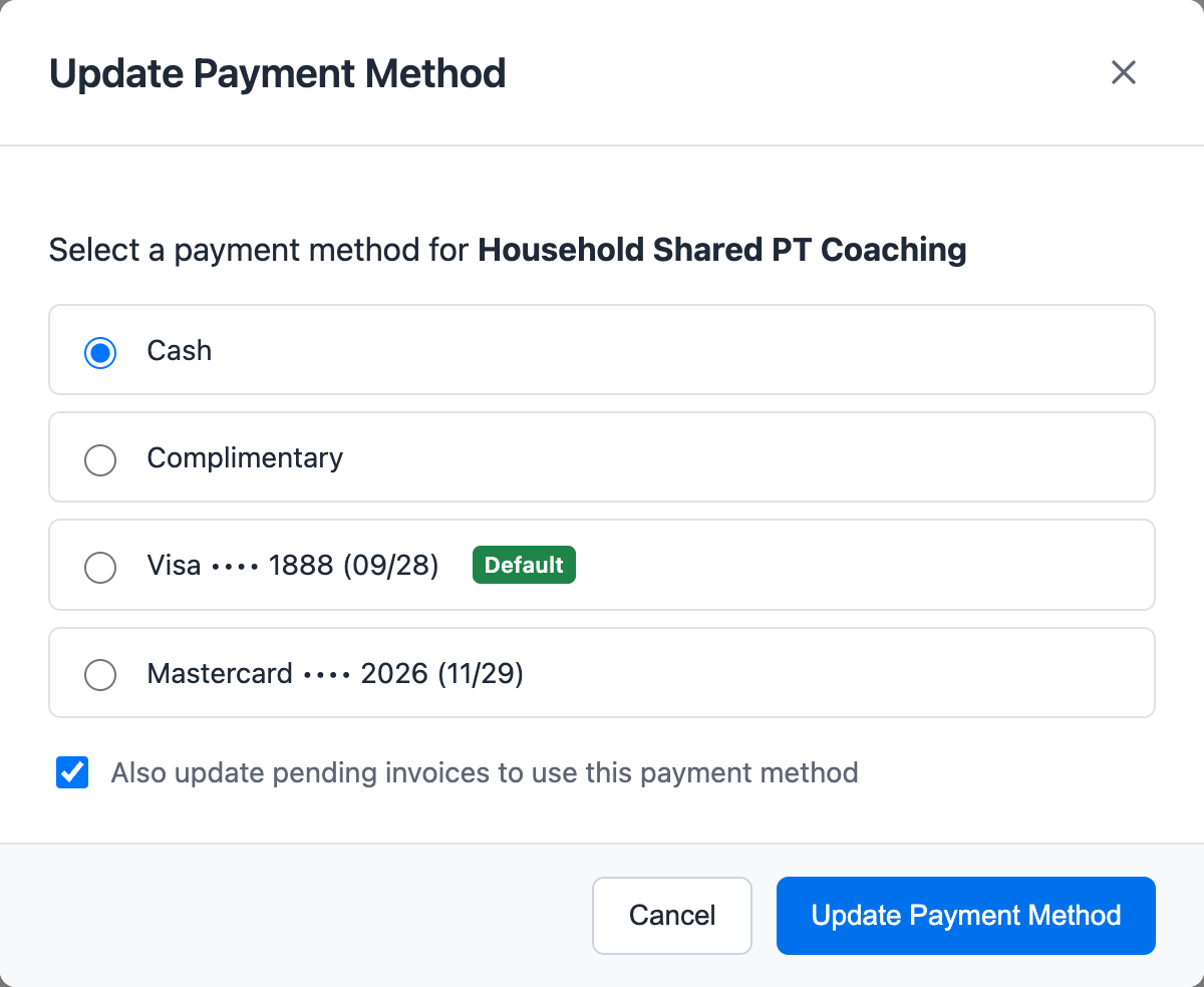 Update Payment Method modal for a membership showing cash, complimentary, saved cards, and the option to update pending invoices