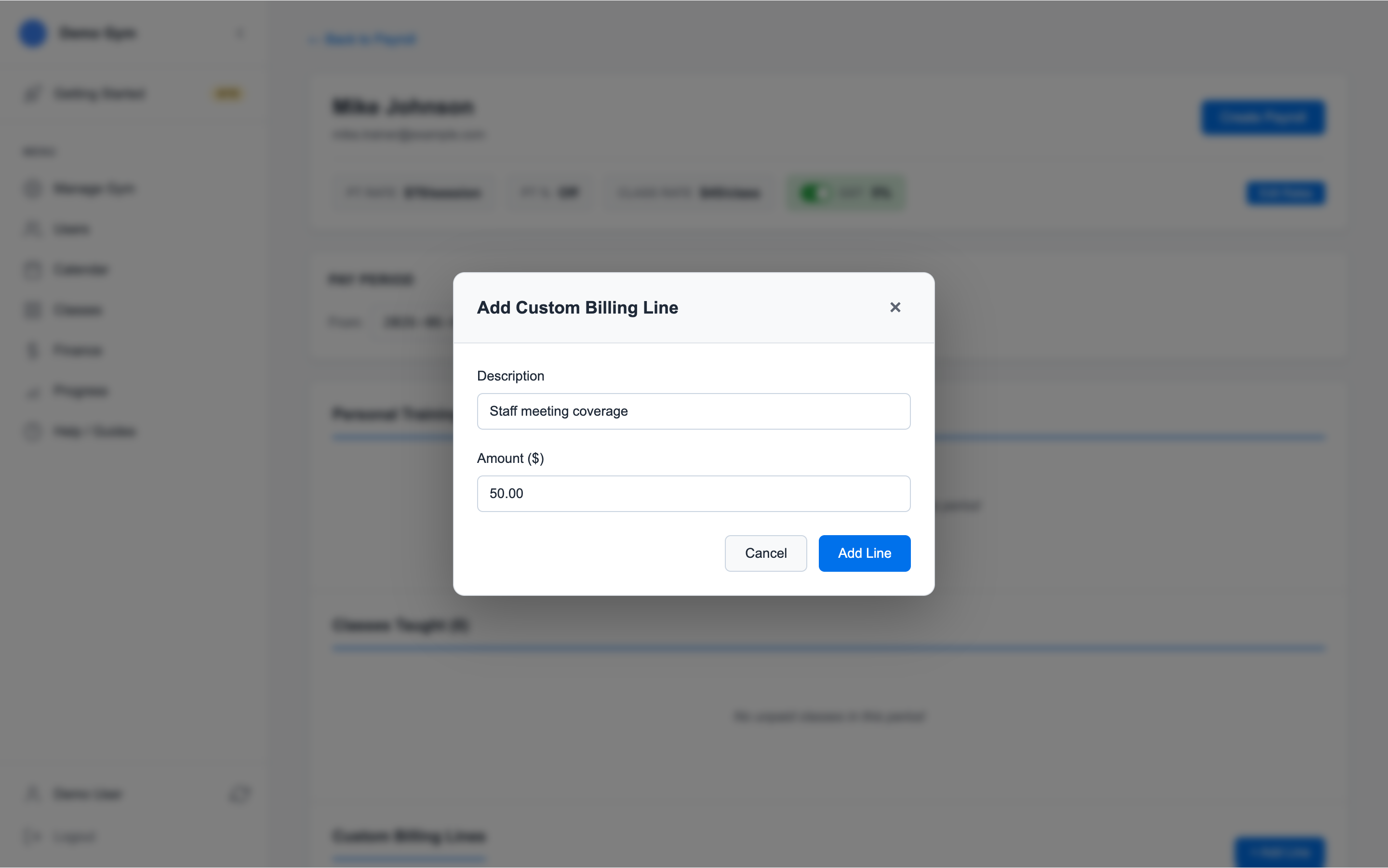Add Custom Billing Line modal showing description and amount fields for a payroll adjustment