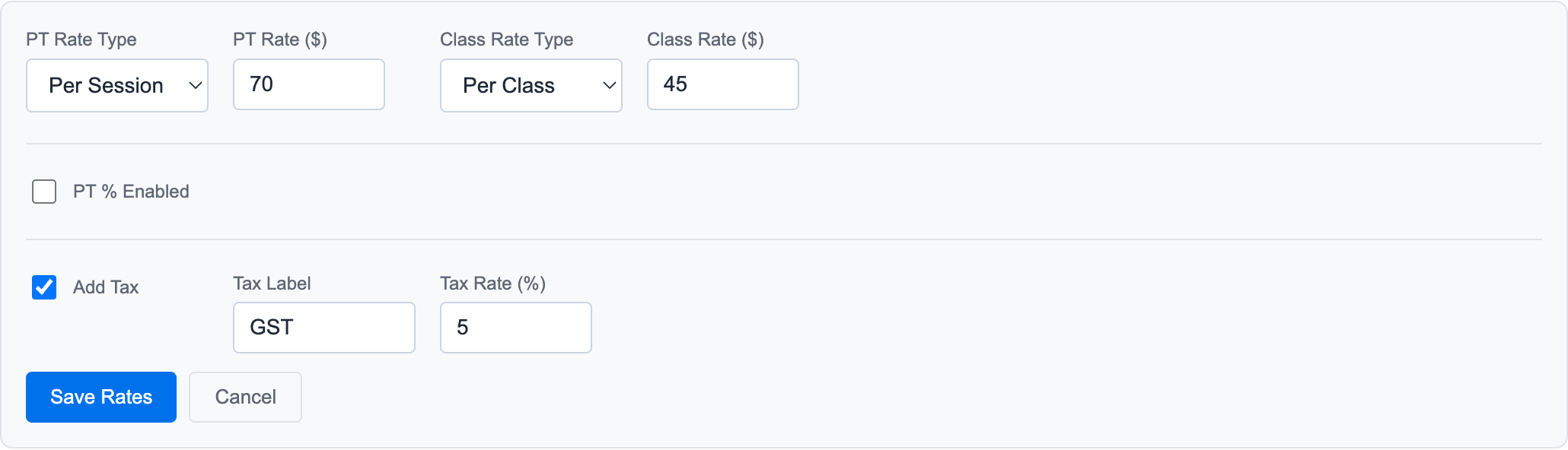Edit trainer pay rates form showing per-session PT rate, per-class class rate, optional PT percentage, tax settings, and Save Rates action