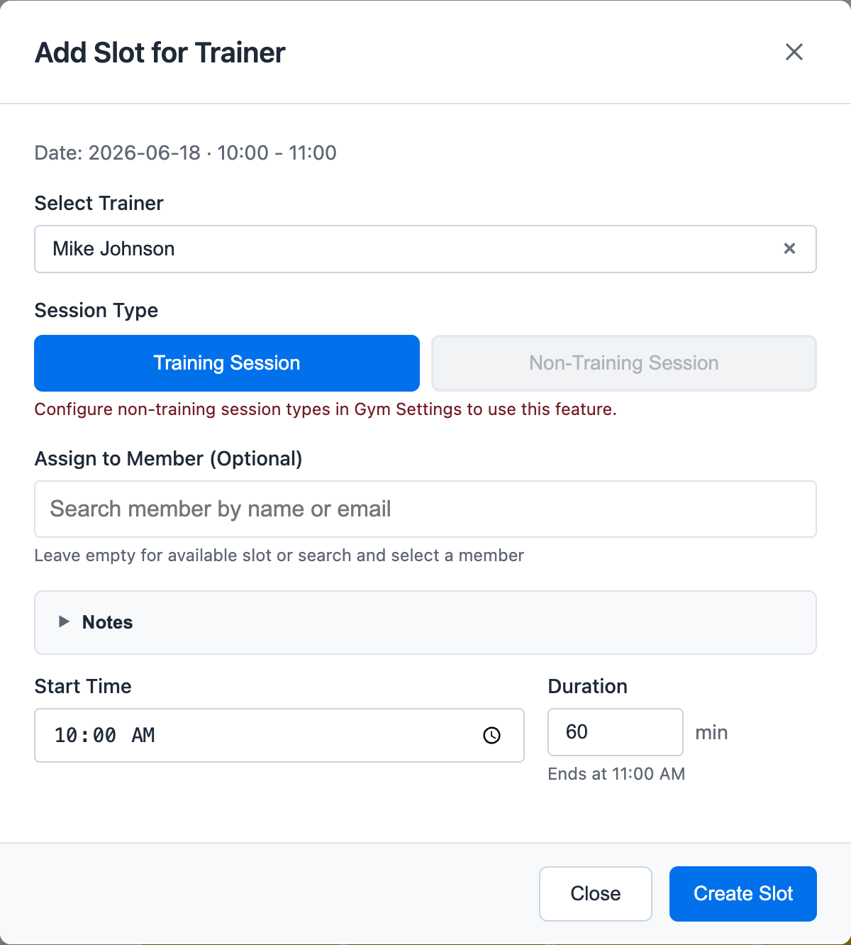 Add Slot for Trainer modal showing trainer selection, training session type, optional member assignment, notes, start time, duration, and Create Slot action