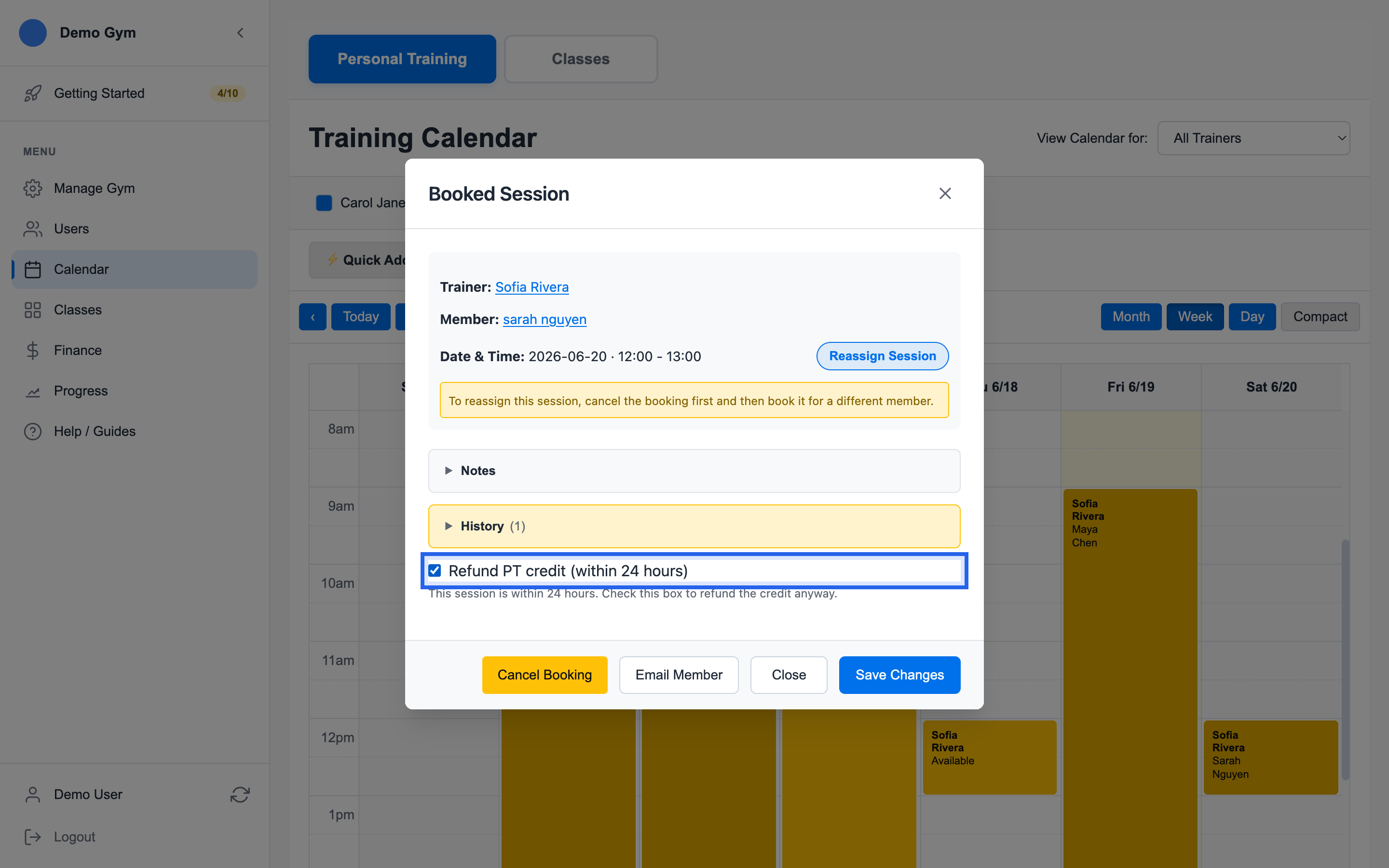 Training calendar with a booked personal training session modal open and the Refund PT credit within 24 hours checkbox selected