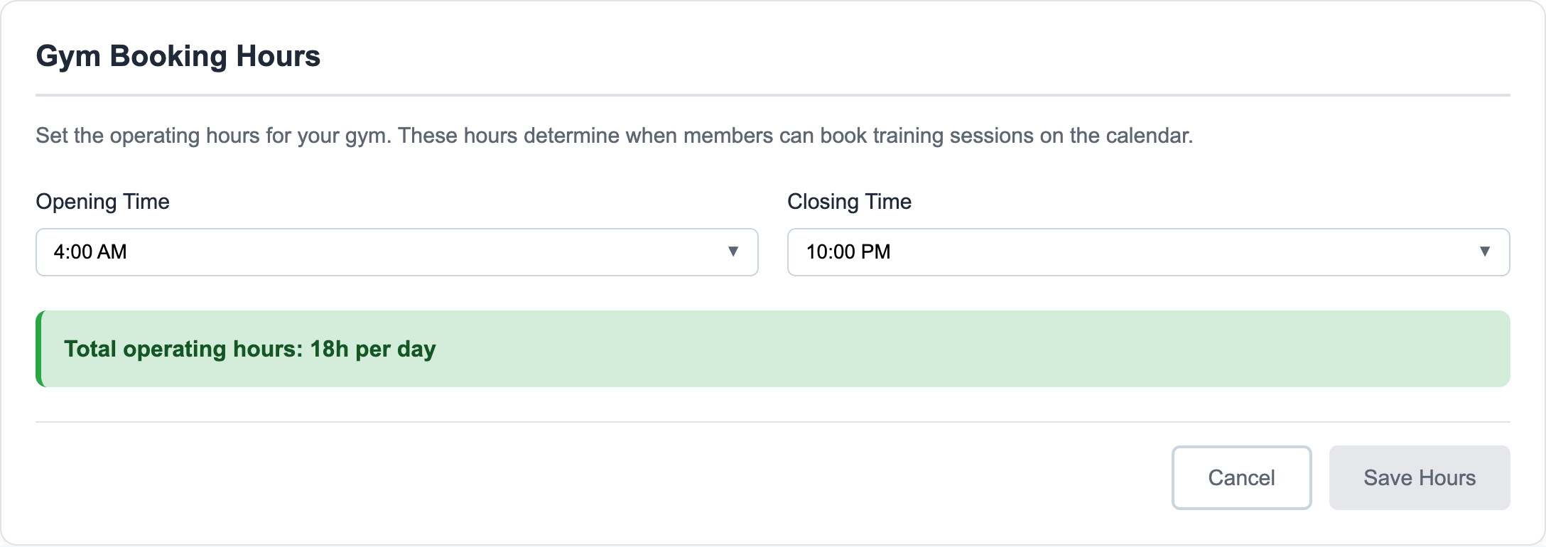 Gym booking hours editor showing opening time, closing time, total operating hours, and Save Hours action