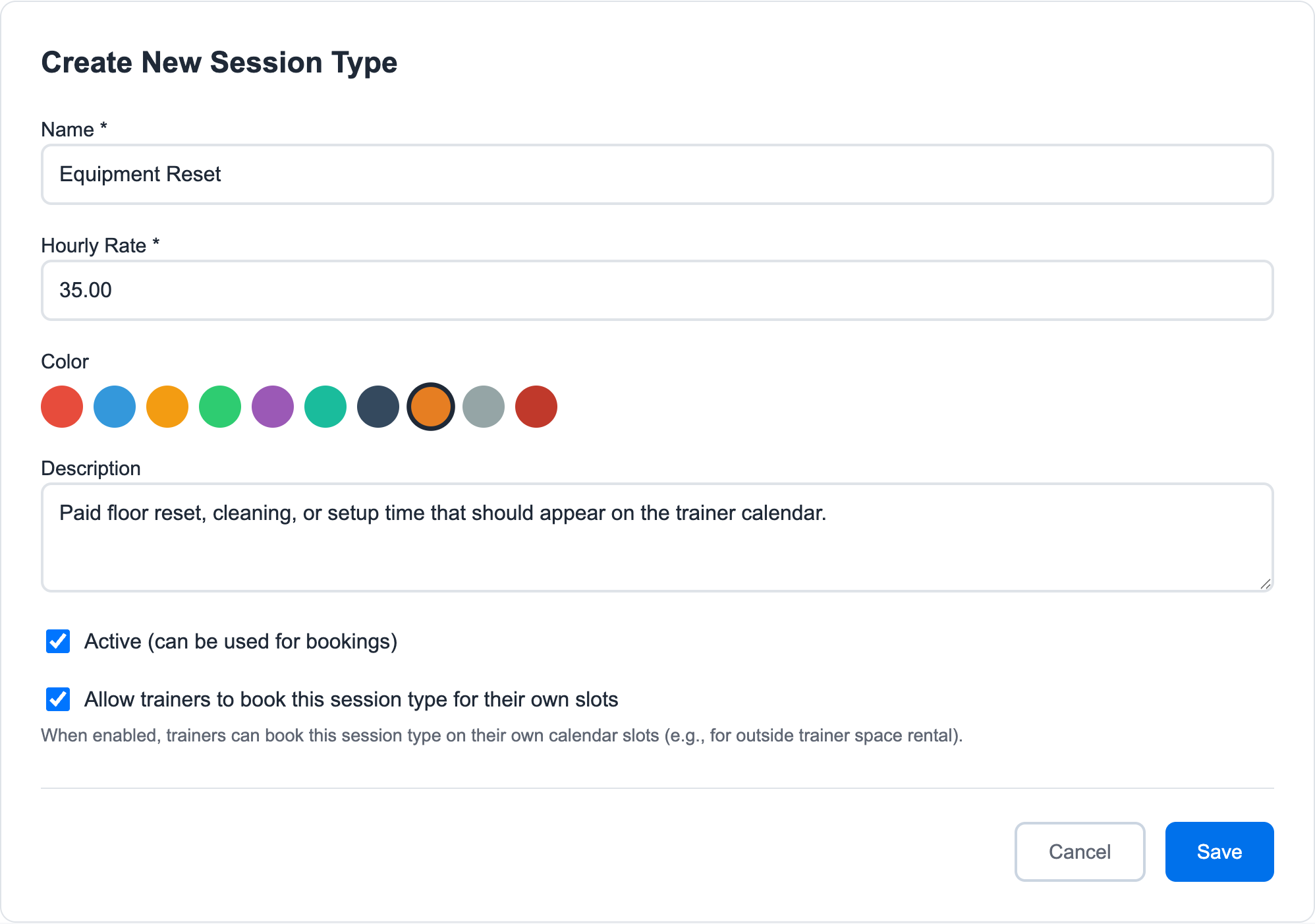 Non-training session type editor showing name, hourly rate, color, description, active status, and trainer-bookable setting