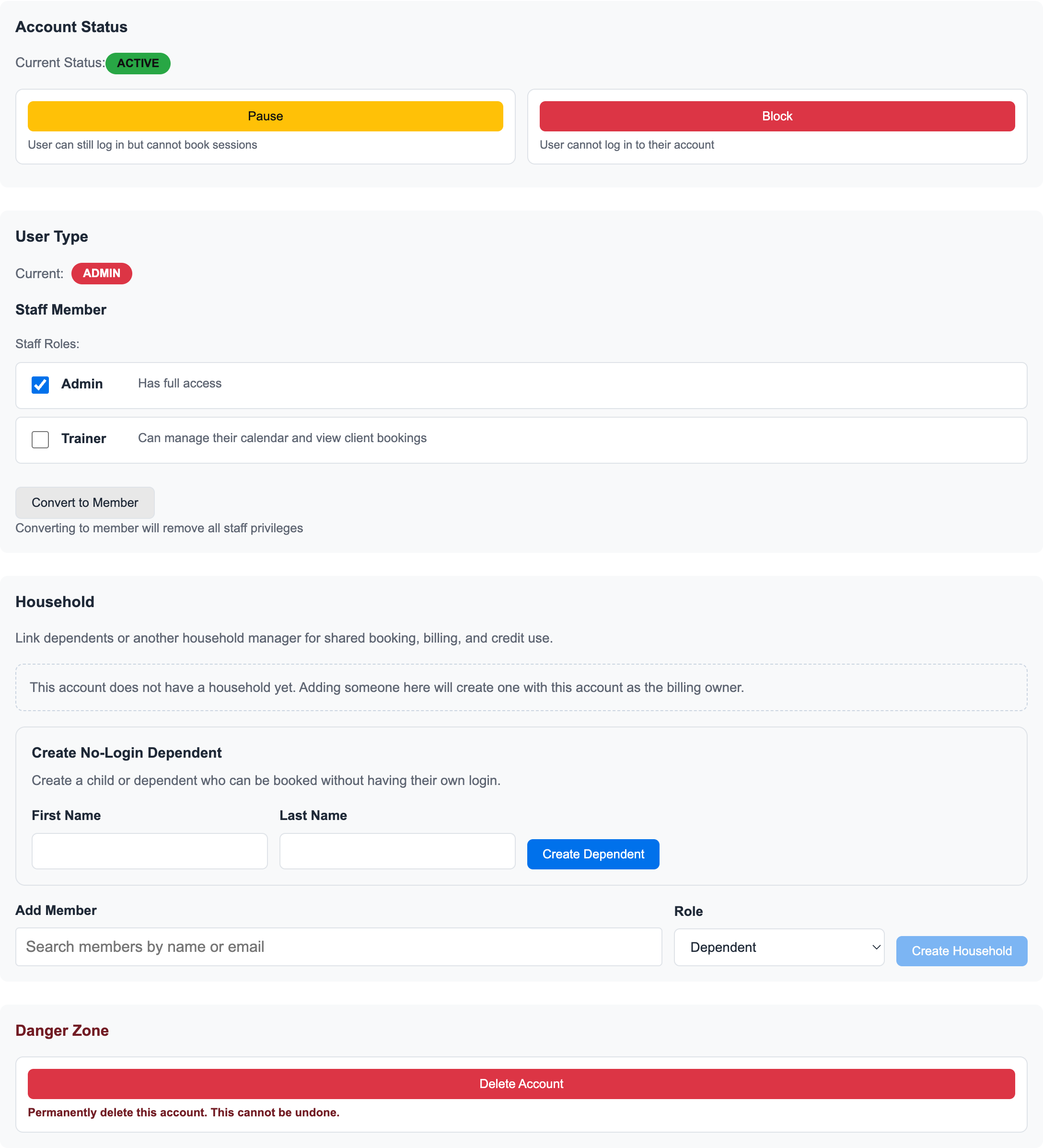 Admin-only staff Admin tab showing account status, staff role controls, household controls, and danger-zone actions