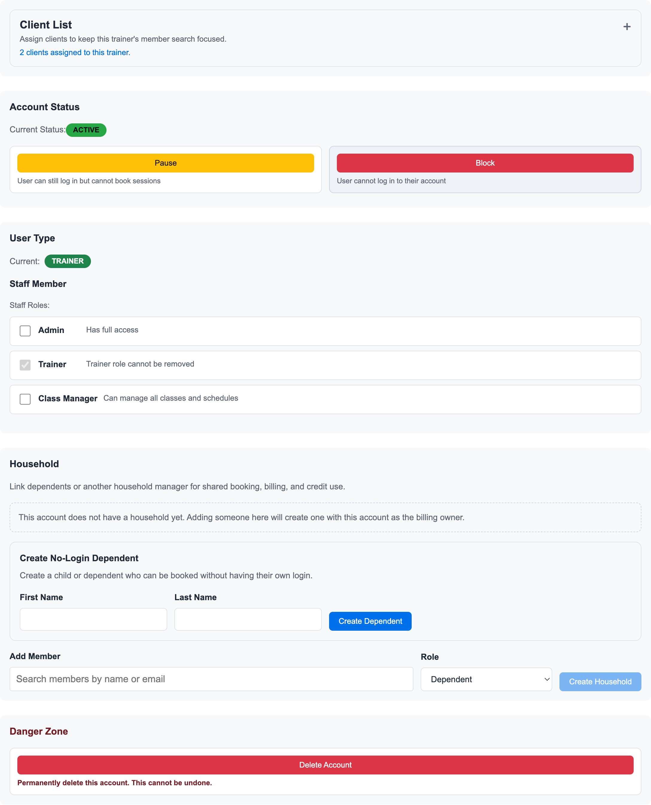 Trainer staff Admin tab showing Client List, account status, staff role controls, household controls, and danger-zone actions