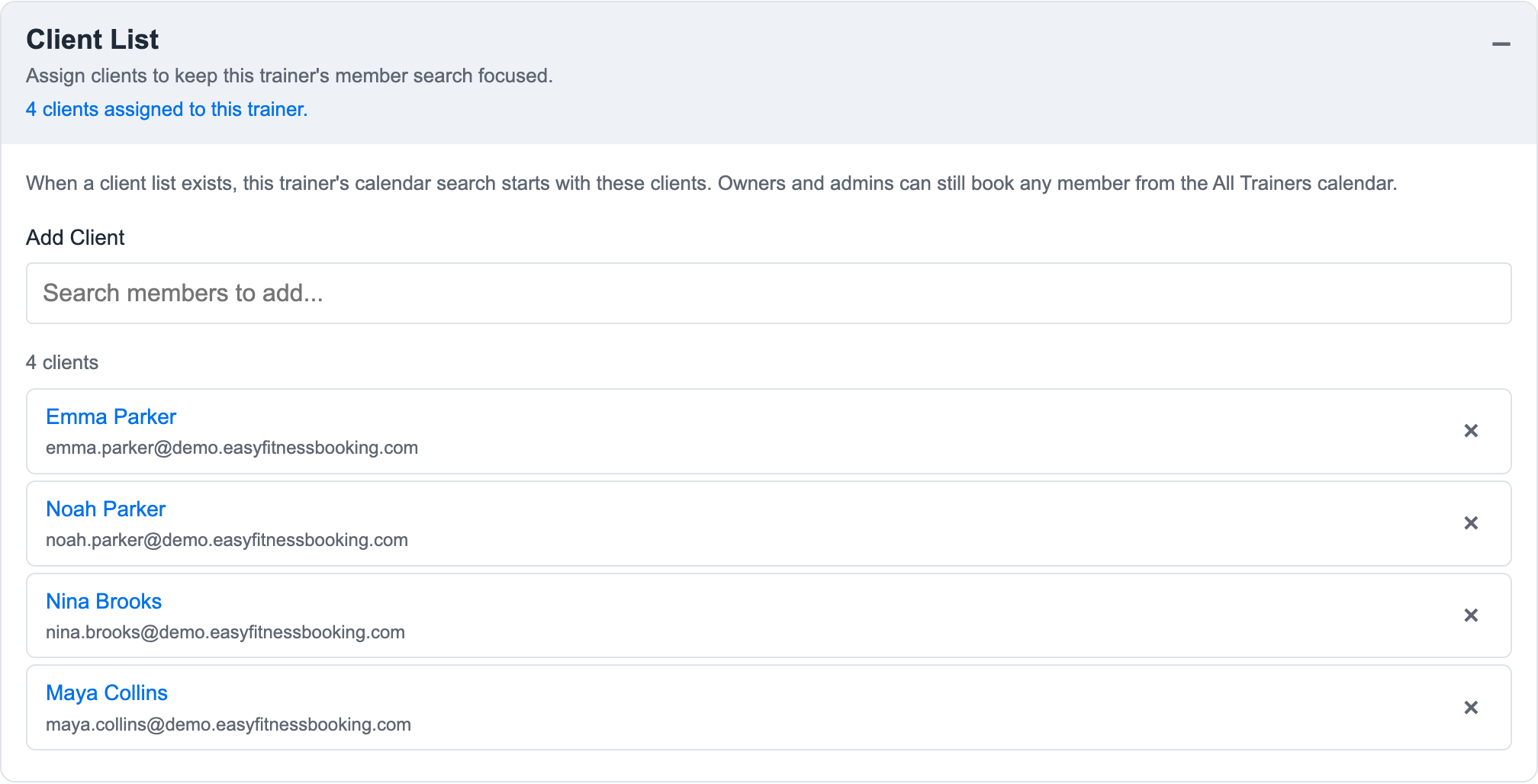 Trainer Client List panel showing assigned clients and the search field used to add members to the trainer