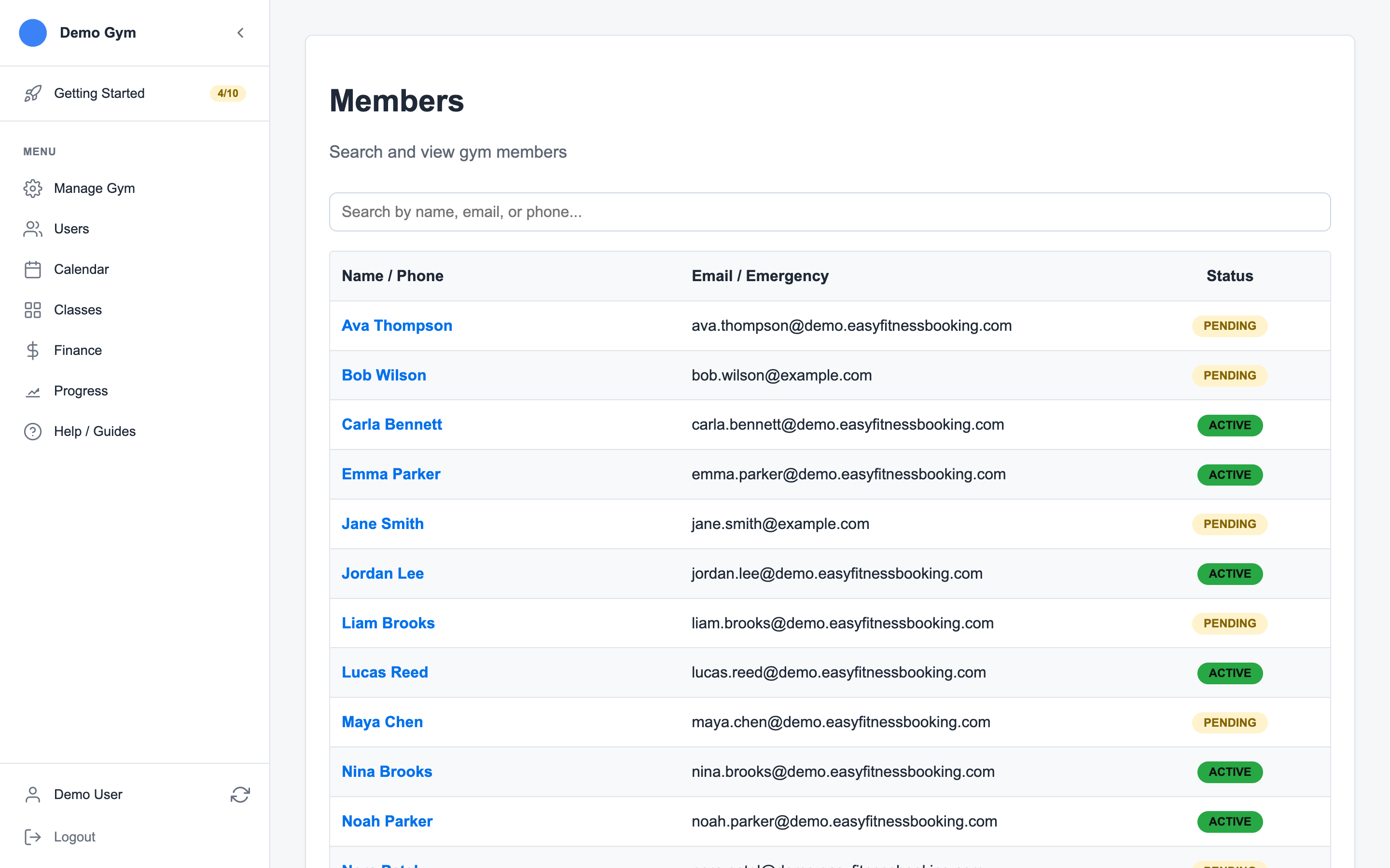 Trainer member list showing member search, names, email addresses, and account status badges