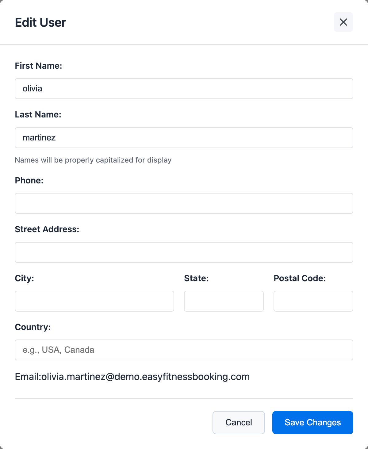 Edit User modal showing name, phone, address, email, role change, and save action
